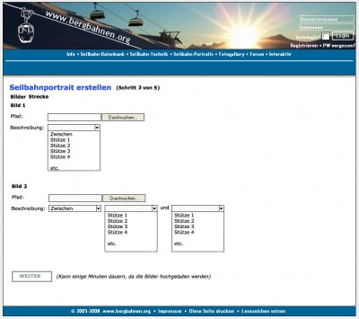 Das jeweilige Bild kann mit der Stützen Nummer beschriftet werden. Für Bilder die den Streckenverlauf zeigen, wählt man die Option "Zwischen", daraufhin erscheinen weitere Auswahlfenster, in dem man den Ort auf der Strecke präzisieren kann.